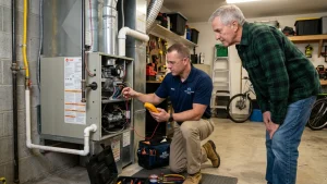 Technician inspecting heating system with help from home repair loans El Paso