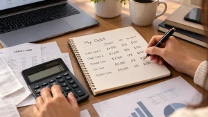 Person reviewing credit card balances, interest rates, and monthly payments to understand how to pay off debt faster.