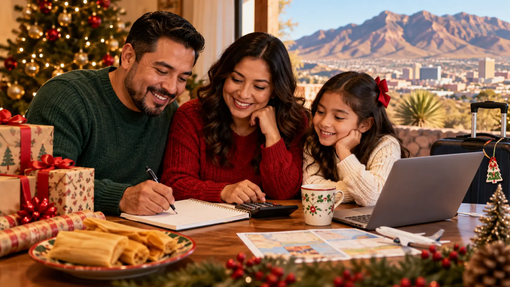 Family creating a Holiday Spending Plan at home,