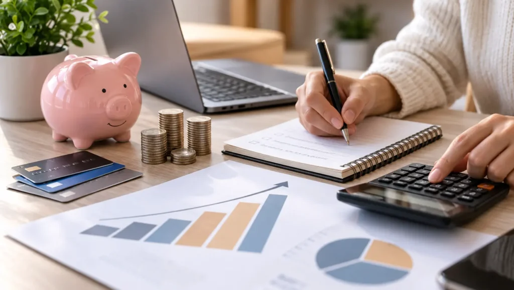 Person organizing finances with a calculator, credit cards, and savings to learn how to pay off debt faster.