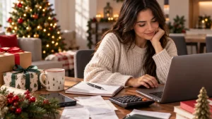 Woman reviewing her Holiday Spending Plan on a laptop with receipts, calculator and Christmas decorations nearby.