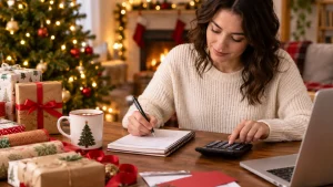 Woman organizing her Holiday Spending Plan using a laptop, notebook and calculator at home during the Christmas season.